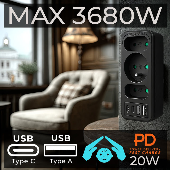 Current socket x3 + 4xUSB Maclean, splitter with 3 sockets, 2xUSB A, 2xUSB C PD 20W, 1x16A + 2x6A, MCE248 F/B, 3 pieces