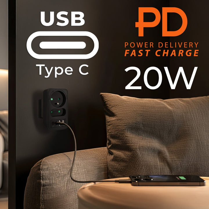 Current socket x2 + 4xUSB Maclean, splitter with 2 sockets, 2xUSB A, 2xUSB C PD 20W, 1x16A + 1x6A, MCE249 F/B, 2 pieces