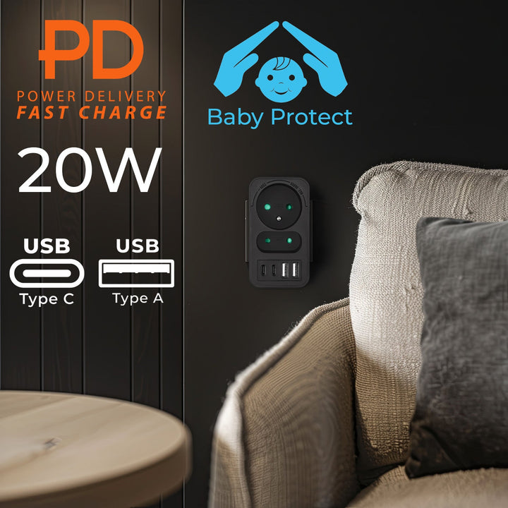 Current socket x2 + 4xUSB Maclean, splitter with 2 sockets, 2xUSB A, 2xUSB C PD 20W, 1x16A + 1x6A, MCE249 F/B, 2 pieces