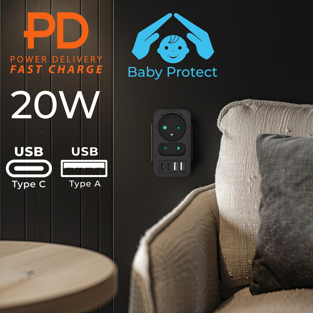Maclean current socket x2 + 4xUSB, splitter with 2 sockets, 2xUSB A, 2xUSB C PD 20W, 1x16A + 1x6A, MCE249 F/B, 3 pieces
