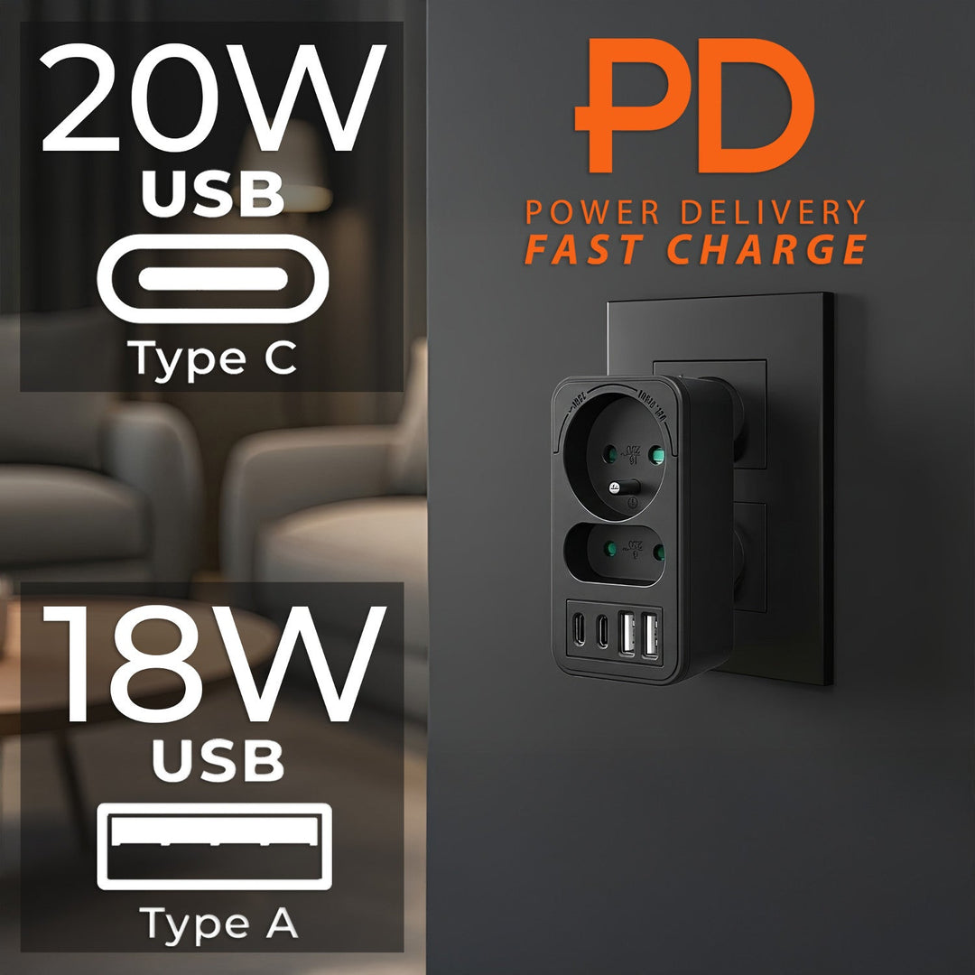 Maclean current socket x2 + 4xUSB, splitter with 2 sockets, 2xUSB A, 2xUSB C PD 20W, 1x16A + 1x6A, MCE249 F/B, 3 pieces