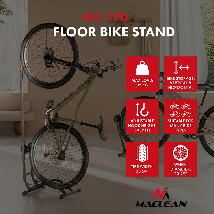 Maclean Floor Bike Rack, freestanding, horizontal/vertical, for storage, steel, max. load 35 kg, MC-170