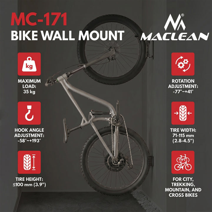 Maclean Wall-Mounted Bike Rack / Hanger, max. load 35 kg, adjustable tilt angle, steel, MC-171