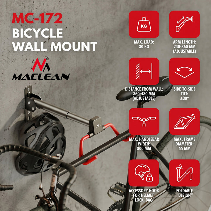 Maclean Horizontal Wall-Mounted Bike Rack, Steel, Max. Load 30 kg, Adjustable Angle, MC-172