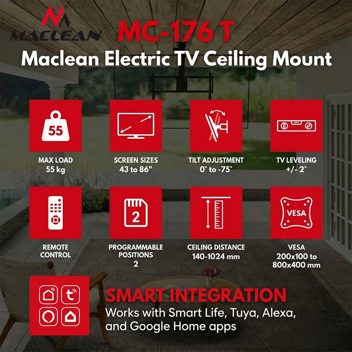 Maclean Electric TV Mount, Ceiling-Mounted, Tuya Compatible, Max. VESA 800x400, for 43-86" TVs, Max. 55 kg, MC-176 T