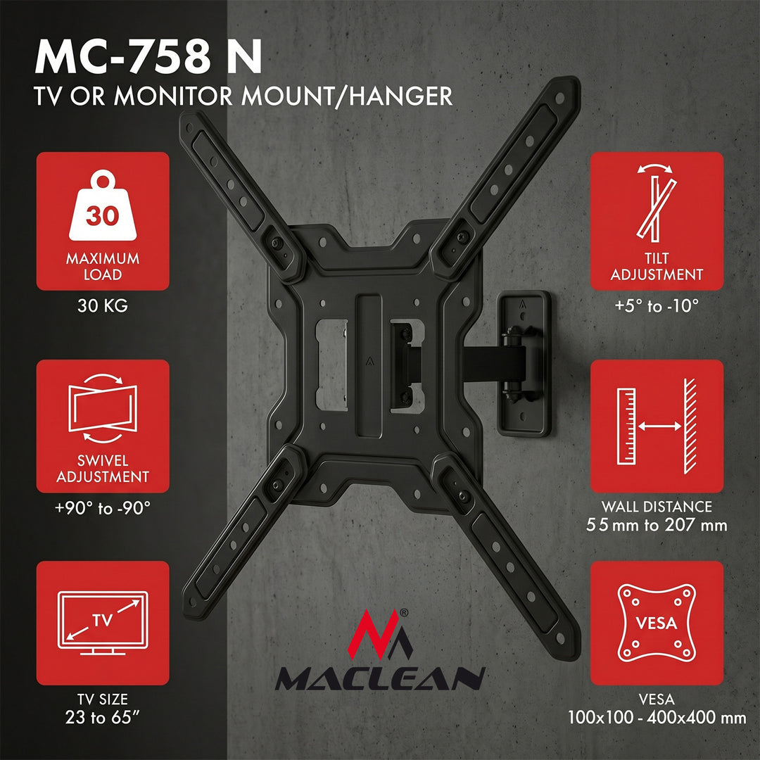 Maclean TV or Monitor Mount / Bracket, max. 23–65", max. load 30 kg, universal, max. VESA 400x400, MC-758 N