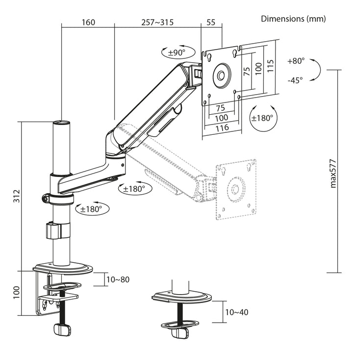 Ergo Office Monitor Mount/Hanger, Gas Spring, 17"-32", 1-10 kg, Matte White, Max. VESA 100x100, ER-691 W
