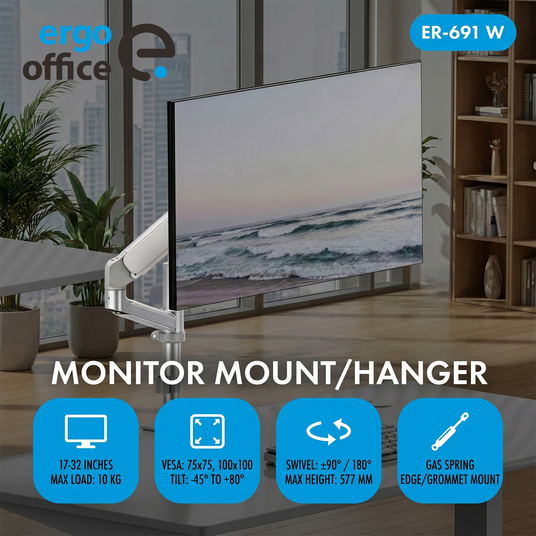 Ergo Office Monitor Mount/Hanger, Gas Spring, 17"-32", 1-10 kg, Matte White, Max. VESA 100x100, ER-691 W