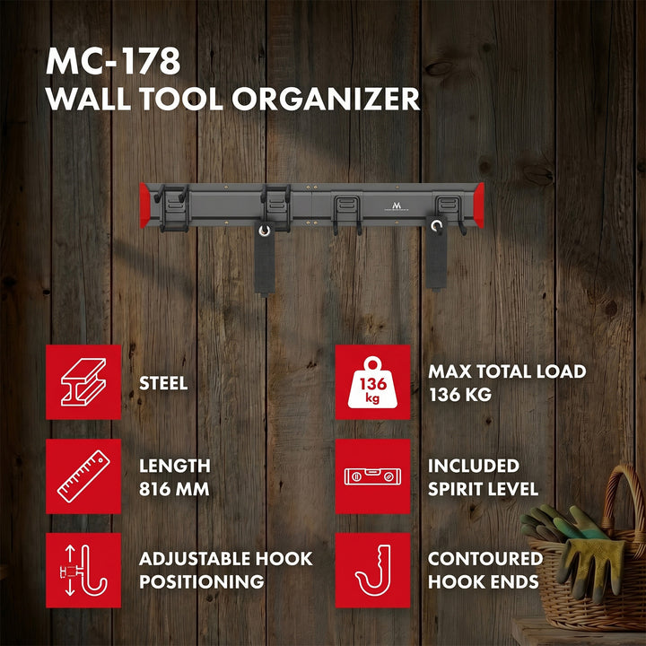 Maclean Wall-Mounted Tool Organizer, steel, max. load 136 kg, width 816 mm, MC-178