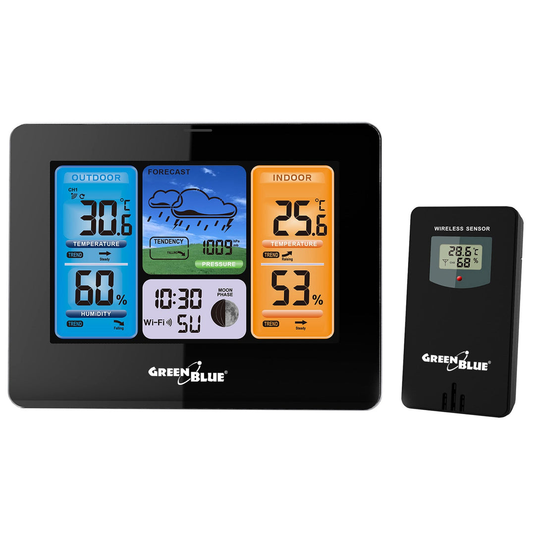 GreenBlue WiFi weather station, TUYA compliant, outdoor sensor, calendar, weather forecast, barometer, power adapter, batteries, GB215