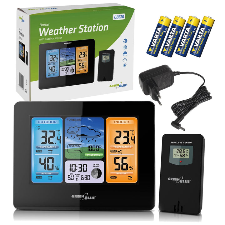 GreenBlue wireless weather station, color, with DCF system, moon phases, power adapter, batteries, GB526