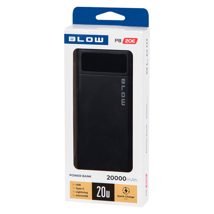 20,000 mAh PB20E Power Bank with Quick Charge 30 and Power Delivery 20W, Black, Blow