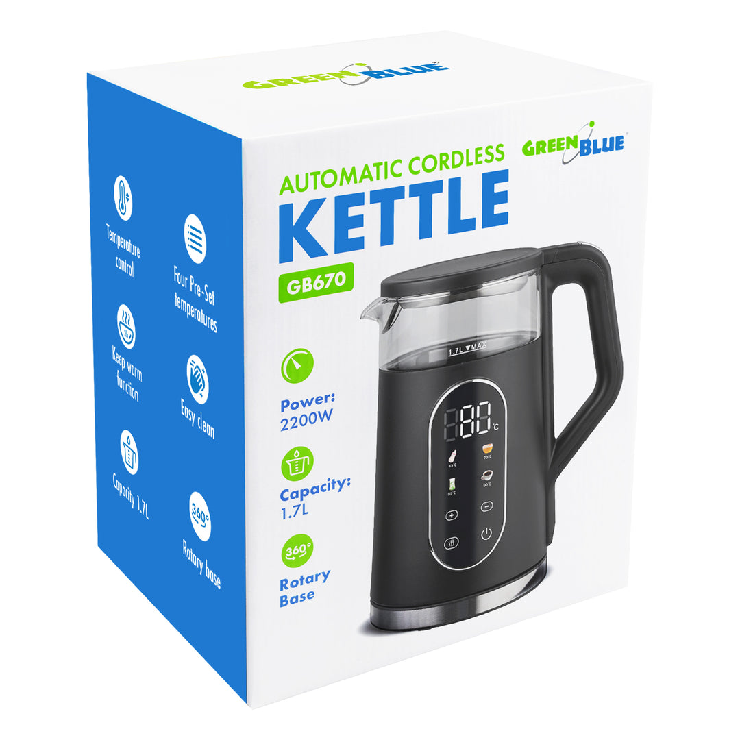 GreenBlue Cordless Electric Kettle, 1.7 L capacity, glass water tank, easy-to-read display, temperature selection, 2200 W, GB670 B