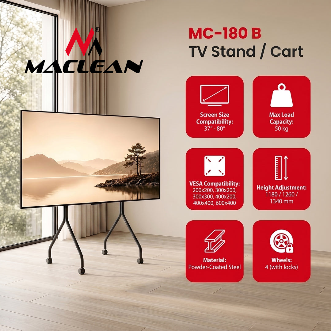Maclean TV Stand / Cart, on wheels, 37–80", max. load 50 kg, max. VESA 600x400, black, MC-180 B