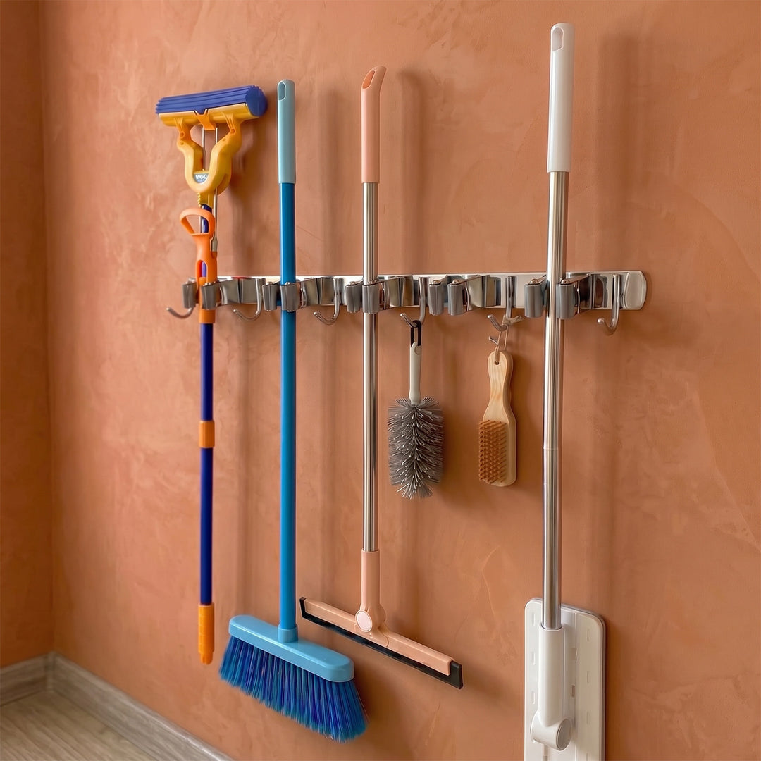 Maclean wall-mounted organizer for garden tools and mops, steel, with hooks, max. load 20 kg, width 60 cm, MC-185