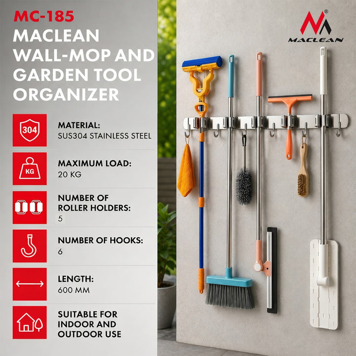 Maclean wall-mounted organizer for garden tools and mops, steel, with hooks, max. load 20 kg, width 60 cm, MC-185