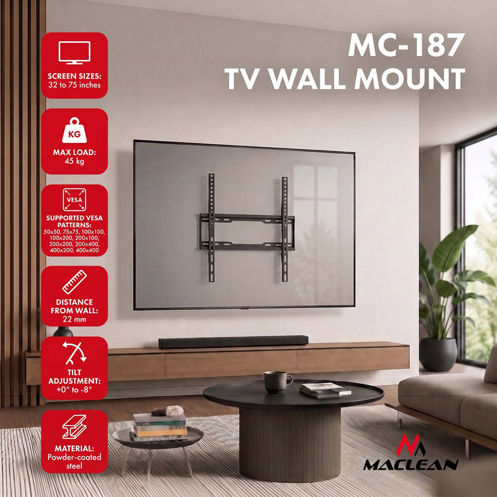 Maclean TV Mount / Bracket, max VESA 400x400, 32-75", up to 45 kg, black, tilt adjustment 0°–8°, MC-187