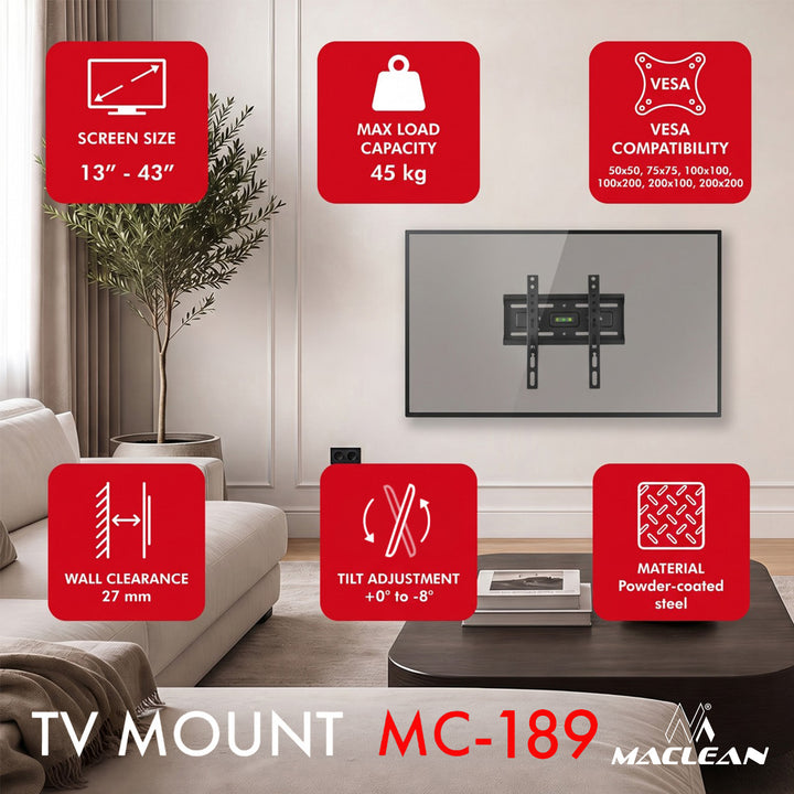 Maclean TV Mount / Bracket, max VESA 200x200, 13-43", up to 45 kg, black, tilt adjustment +2°–-10°, MC-189