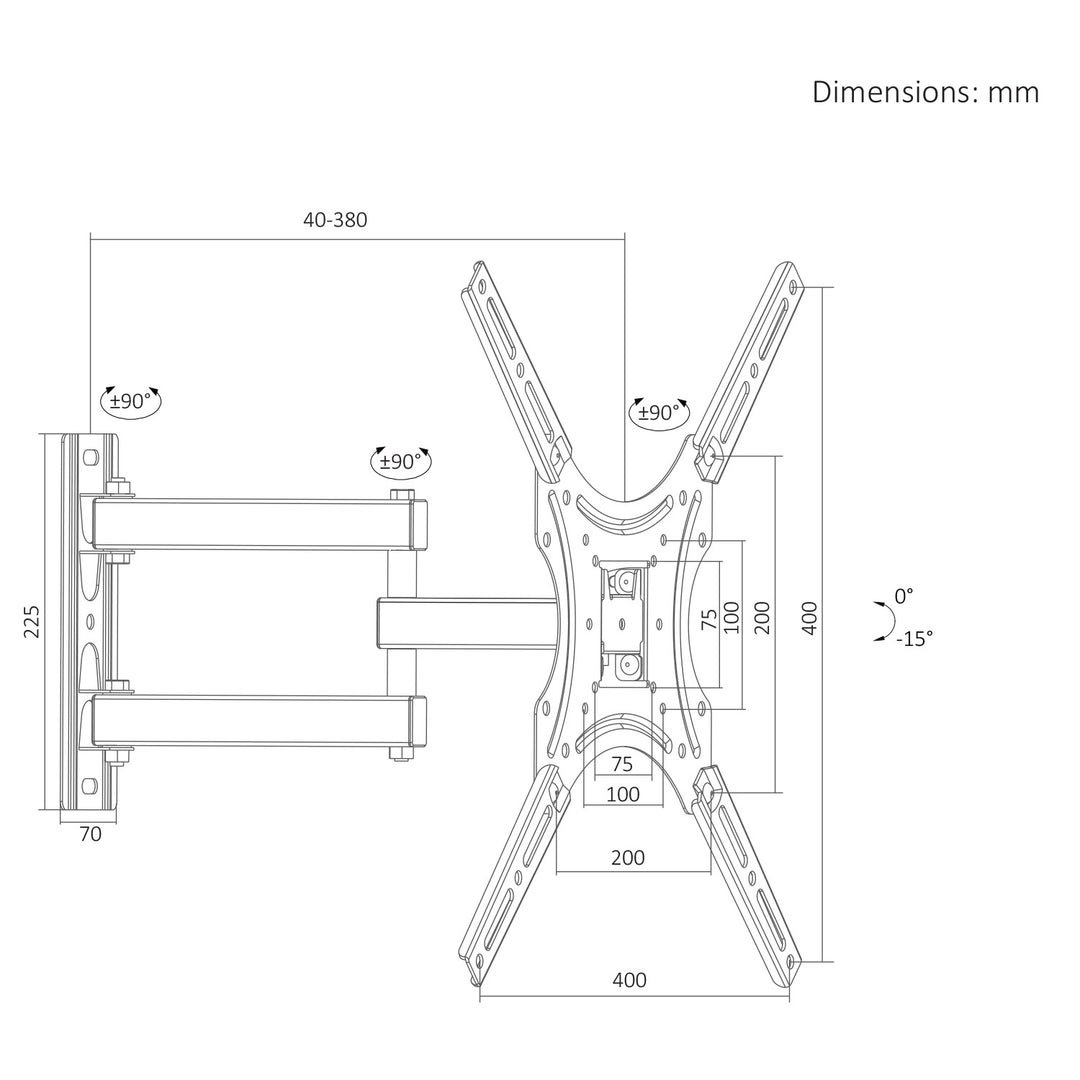 Maclean TV Mount / Bracket, max VESA 400x400, 32-55", up to 25 kg, black, tilt adjustment 0°–-15° and swivel adjustment +90°–-90°, MC-190