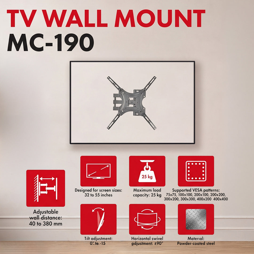 Maclean TV Mount / Bracket, max VESA 400x400, 32-55", up to 25 kg, black, tilt adjustment 0°–-15° and swivel adjustment +90°–-90°, MC-190