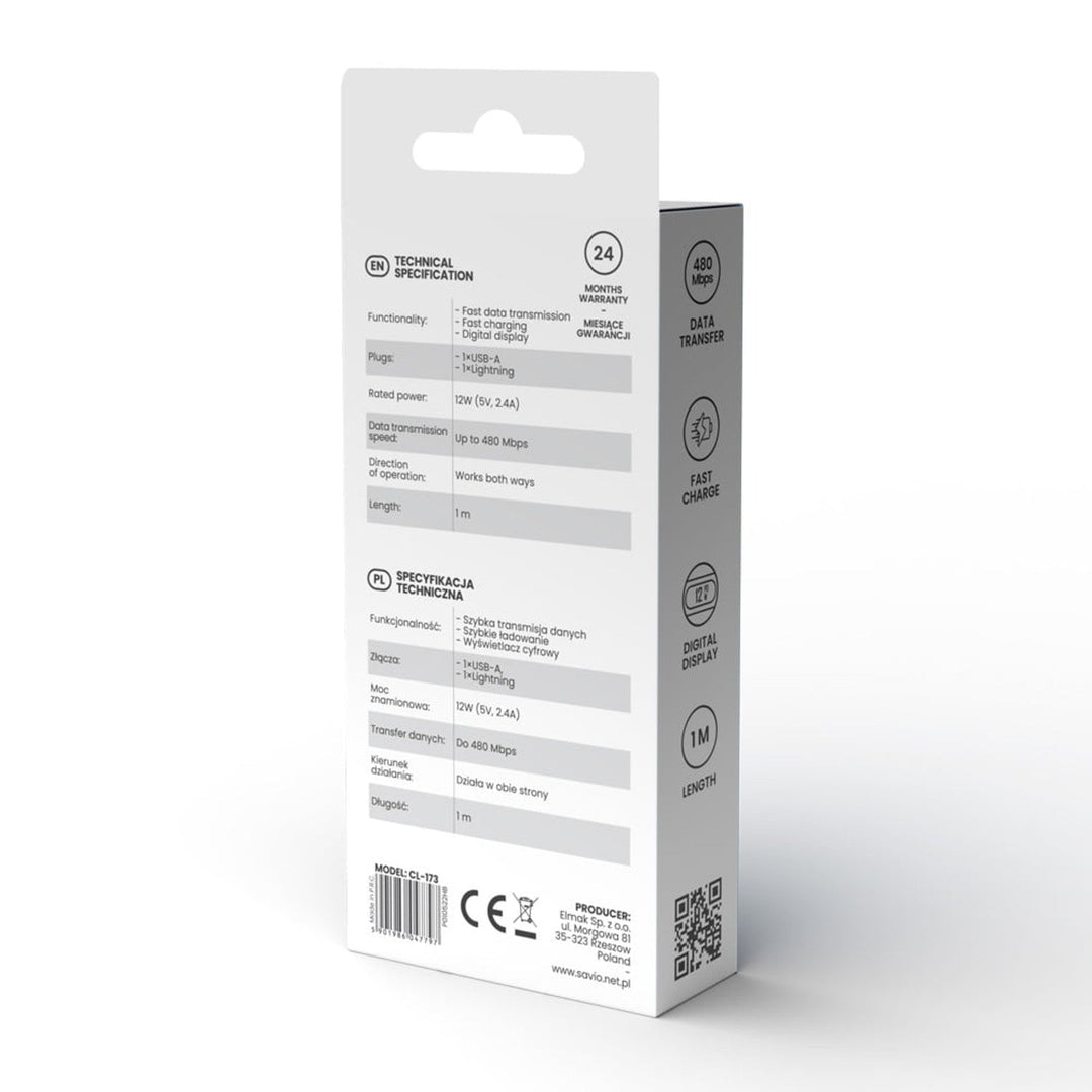 Savio USB to Lightning cable, digital display, length 1m, SAVKABELCL-173
