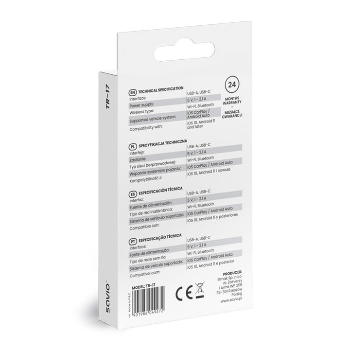Bezprzewodowy adapter Savio, CarPlay, Android Auto, Bluetooth, Wi-Fi, SAVTR-17