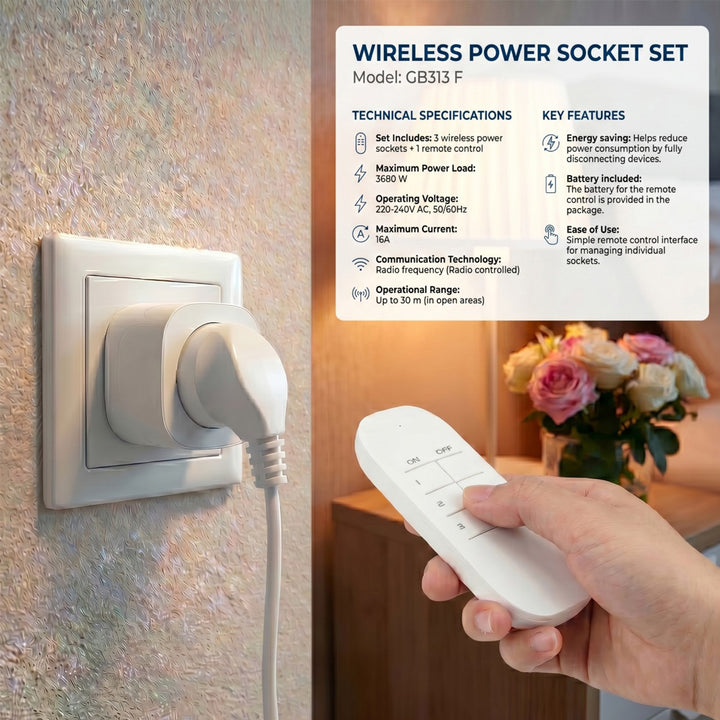 GreenBlue Remote-Controlled Outlets, 3-Pack, Programmable, Range up to 30 m, 220–240 V AC, 50/60 Hz, 16 A, 433 MHz, GB313 F