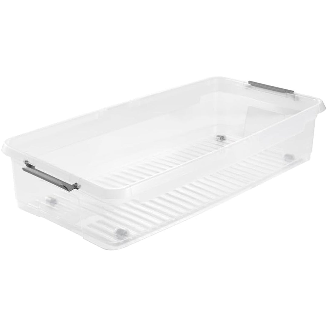 Leo Keeeper container with lid, capacity 33L, clear, has wheels, lid closes with clips
