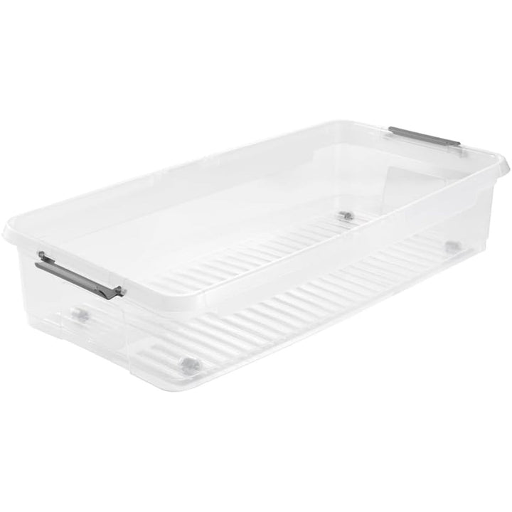 Leo Keeeper container with lid, capacity 33L, clear, has wheels, lid closes with clips