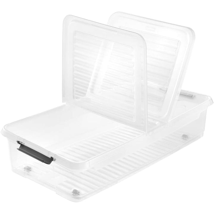 Leo Keeeper container with lid, capacity 33L, clear, has wheels, lid closes with clips