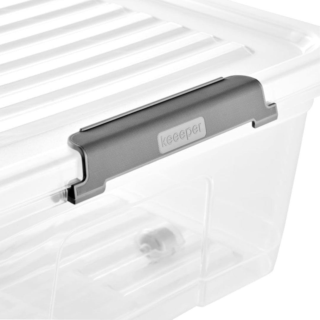 Leo Keeeper container with lid, capacity 33L, clear, has wheels, lid closes with clips
