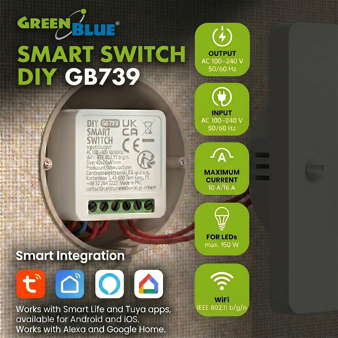GreenBlue Flush-Mount WiFi Relay, Android/iOS/Alexa/Google Home, 100–240 V AC, 50/60 Hz, max. 16 A, for 150 W LEDs, GB739