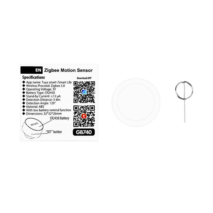 Tuya GreenBlue Zigbee Wireless Motion Sensor, Android/iOS, CR2450 DC 3.0V, 120° detection angle / up to 8 m, GB740