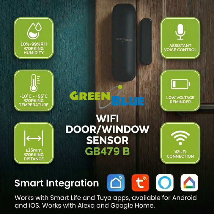 GreenBlue Wireless Reed Switch / WiFi Door/Window Sensor, Android/iOS, 3.0V DC, LR03x2, GB479 B