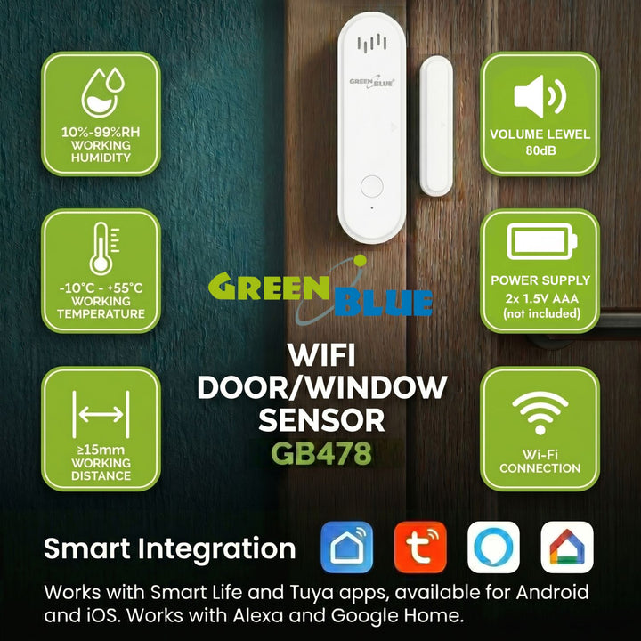 GreenBlue Wireless Reed Switch / WiFi Door/Window Sensor, Android/iOS, 3.0V DC, LR03x2, with Alarm, GB478