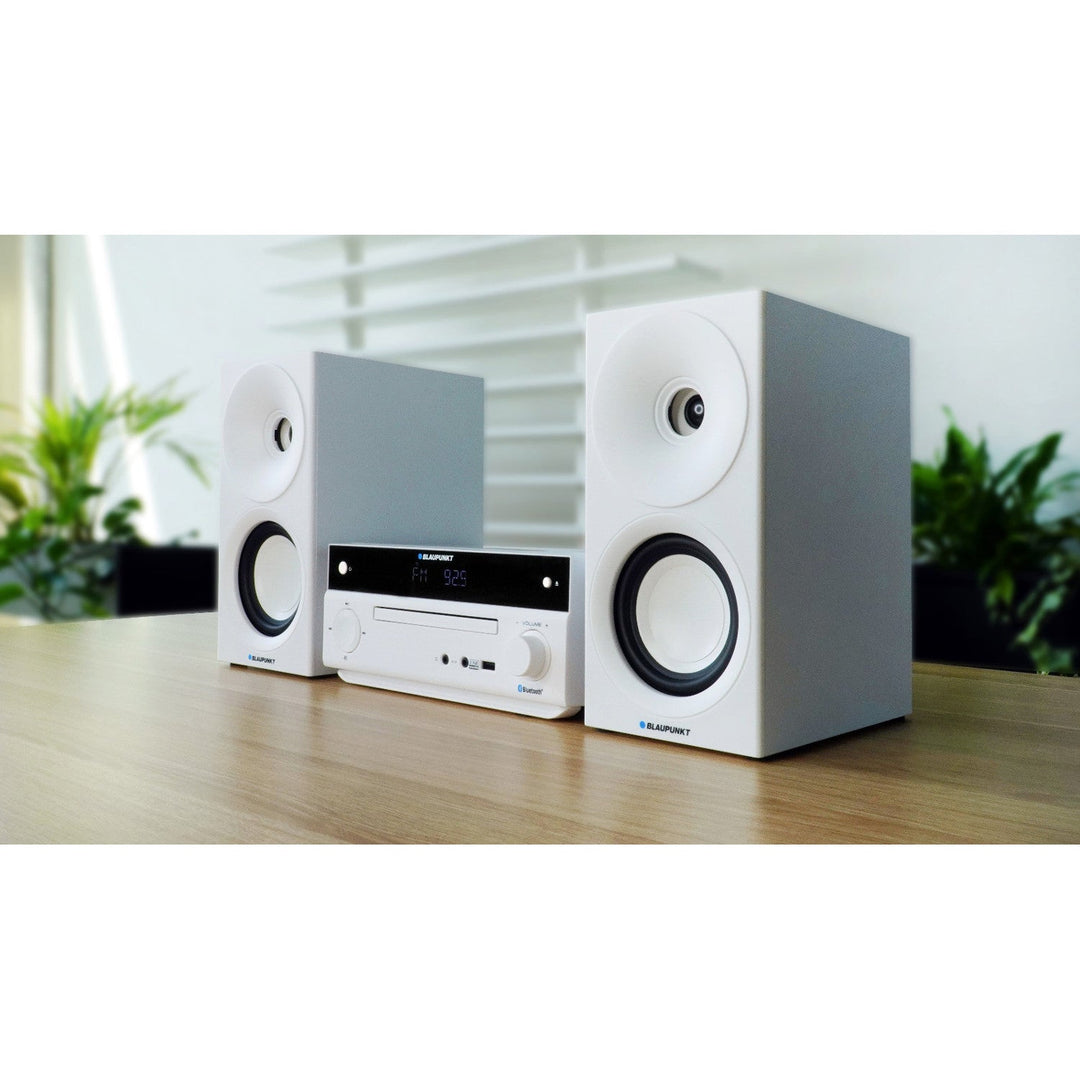 Blaupunkt micro system, 150W power, FM radio, AUX socket and USB port, Bluetooth, HDMI input, clock with alarm, LED display, white color, MS30.02BT