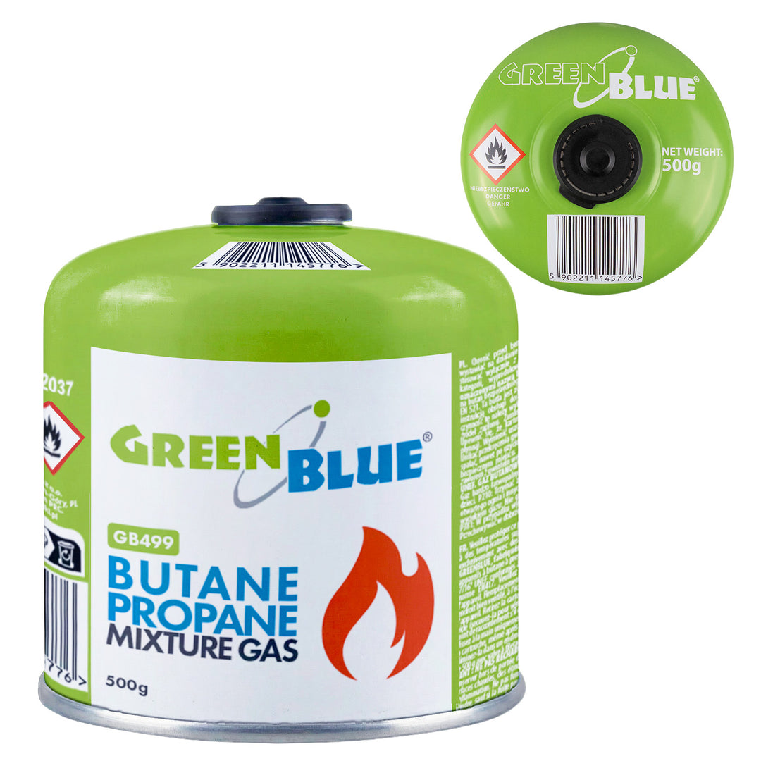 GreenBlue 500g gas cartridge. Certification: Pi 0437, compliant with EN 417, butane-propane, operating range -10°C to +40°C, 7/16'' threaded valve GB499