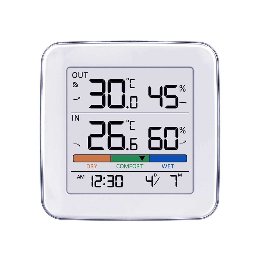 GreenBlue wireless weather station, temperature + humidity IN/OUT, clock + alarm + date, °C / °F selectable, range up to 60 m, GB169, 4x AAA battery