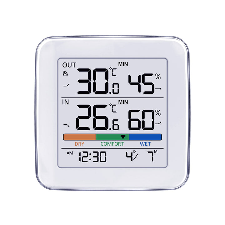 GreenBlue wireless weather station, temperature + humidity IN/OUT, clock + alarm + date, °C / °F selectable, range up to 60 m, GB169, 4x AAA battery