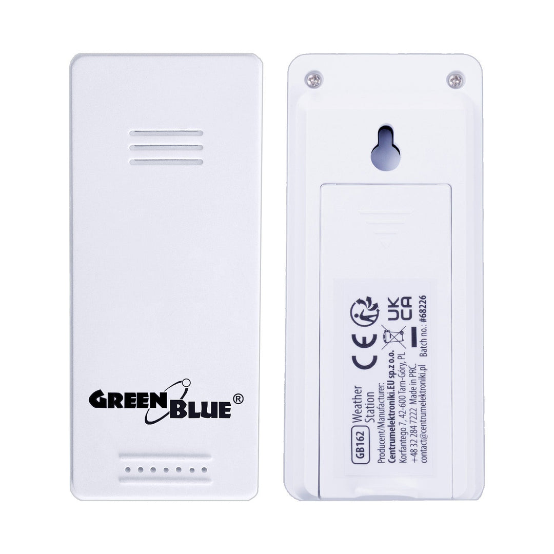 GreenBlue wireless weather station, temperature + humidity IN/OUT, clock + alarm + date, °C / °F selectable, range up to 60 m, GB169, 4x AAA battery