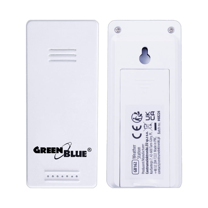 GreenBlue wireless weather station, temperature + humidity IN/OUT, clock + alarm + date, °C / °F selectable, range up to 60 m, GB169, 4x AAA battery