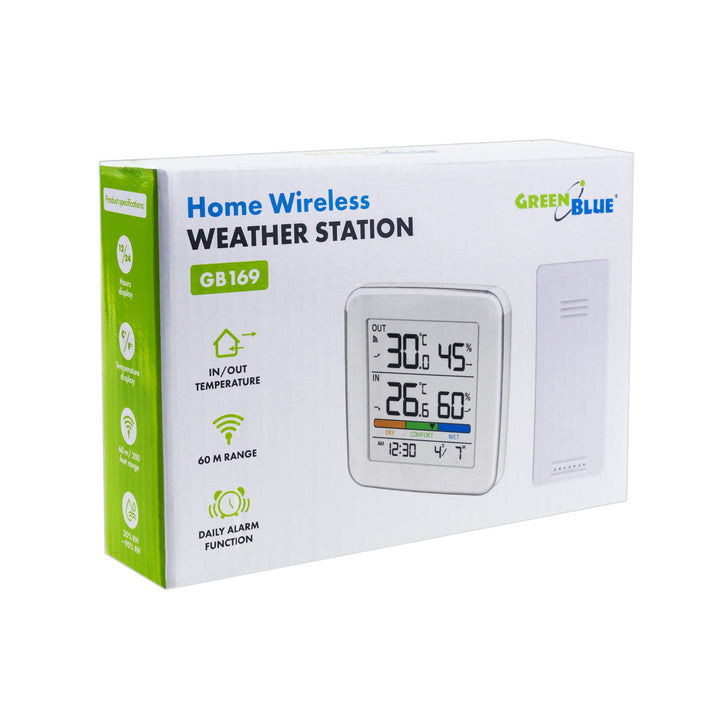 GreenBlue wireless weather station, temperature + humidity IN/OUT, clock + alarm + date, °C / °F selectable, range up to 60 m, GB169, 4x AAA battery