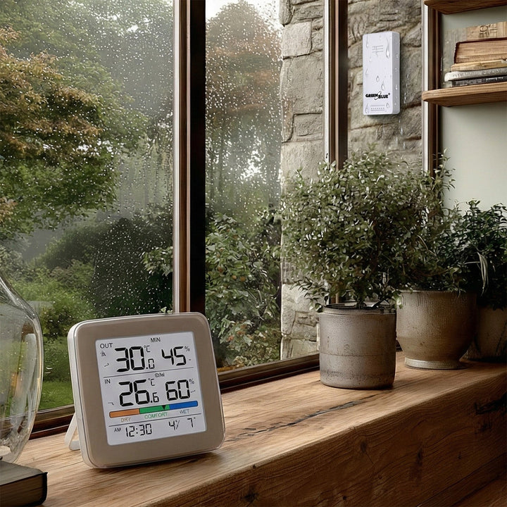 GreenBlue wireless weather station, temperature + humidity IN/OUT, clock + alarm + date, °C / °F selectable, range up to 60 m, GB169, 4x AAA battery