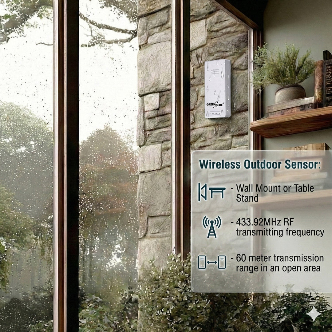 GreenBlue wireless weather station, temperature + humidity IN/OUT, clock + alarm + date, °C / °F selectable, range up to 60 m, GB169, 4x AAA battery