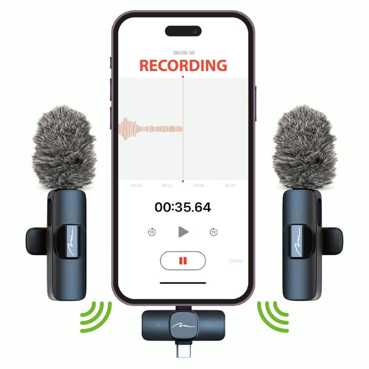 MICRO-MIC DUO - 2x wireless lapel microphone (set), clip-on, iOS & Android (OTG), mini, super-sensitive. USB-C & LIGHTNING, Mediatech