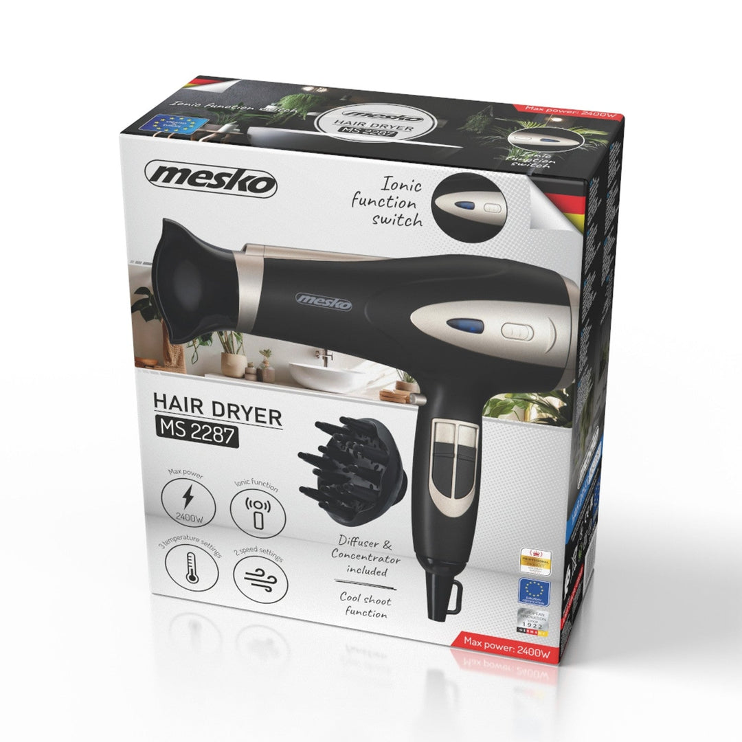 Mesko hair dryer, ionization function, diffuser, 2200W power, black, MS 2287