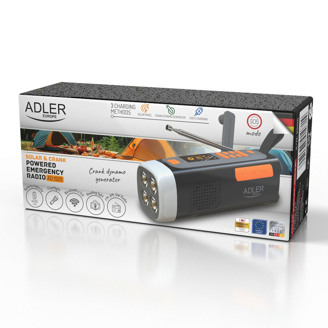 Adler emergency radio, with solar panel, crank and power bank, Bluetooth 5.0, 4W LED flashlight, 4500 mAh, AD 1920