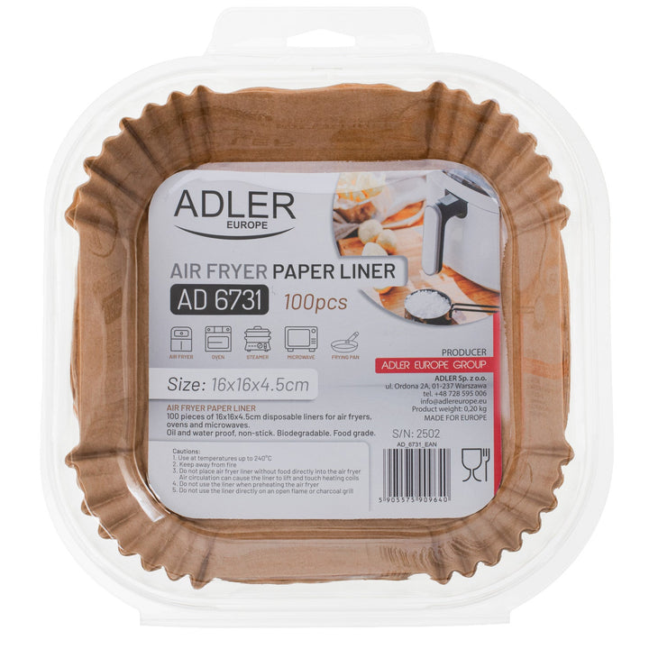 Paper inserts for deep fryers, air fryers, Adler, 16 cm, up to 240°C, biodegradable, 100 pieces, AD 6731