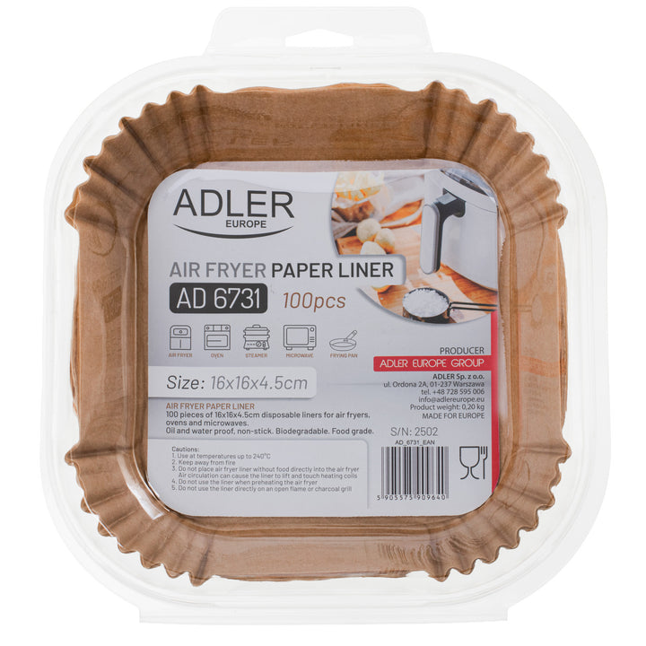 Paper inserts for Adler deep fryer, 16 cm, up to 240°C, biodegradable, 100 pieces, AD 6731