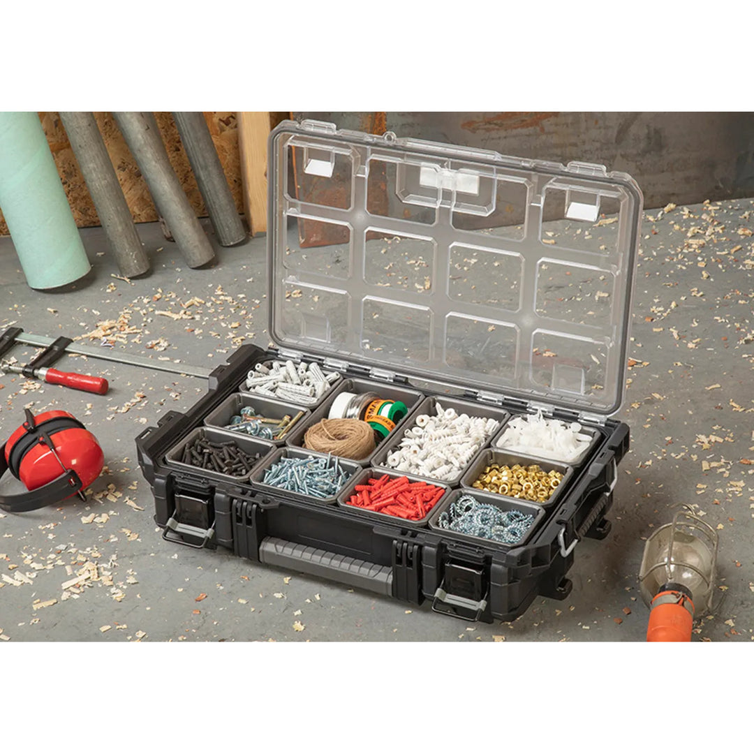 Keter ROC Pro Gear 1.0 Tool Organizer, capacity over 13 liters, clear and durable lid, dust- and water-resistant seal, metal latches, 257190